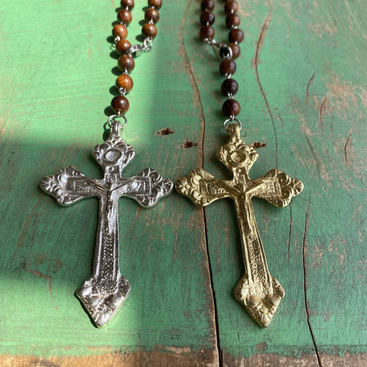 Brass Crucifix Wood Bead Car Blessing: Gold