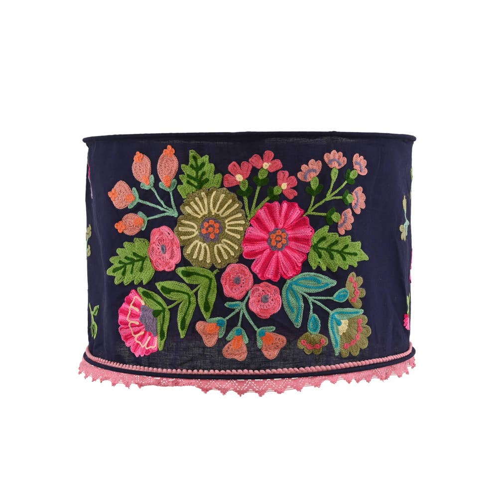 NAVY COTTON W SOFT PINK Crewel LAMP SHADE 18"