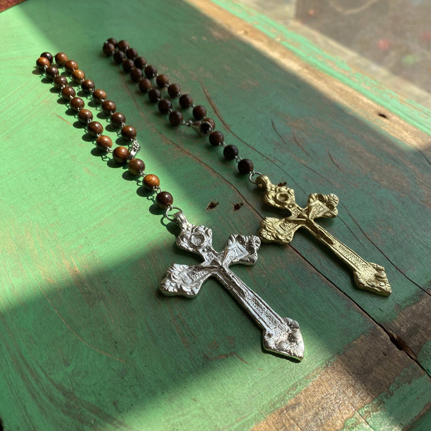 Brass Crucifix Wood Bead Car Blessing: Gold