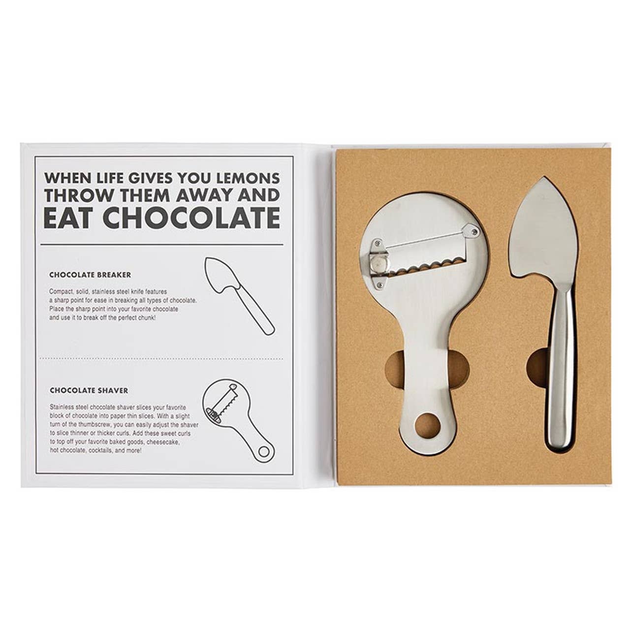 Face to Face Chocolate Tool Kit Book Box: Box: 7.75" W x 9.5" L x 1" D, Tools- Shaver: 7.25" L x 3.5" W, Breaker: 7.5" L x 1.625" W