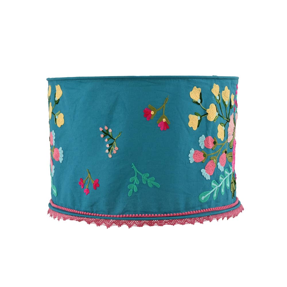 DEEP TEAL FLORAL Crewel LAMP SHADE 18"