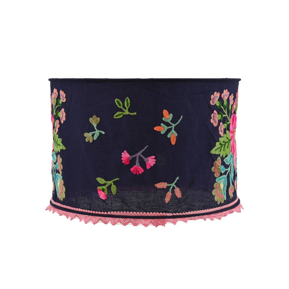 NAVY COTTON W SOFT PINK Crewel LAMP SHADE 18"