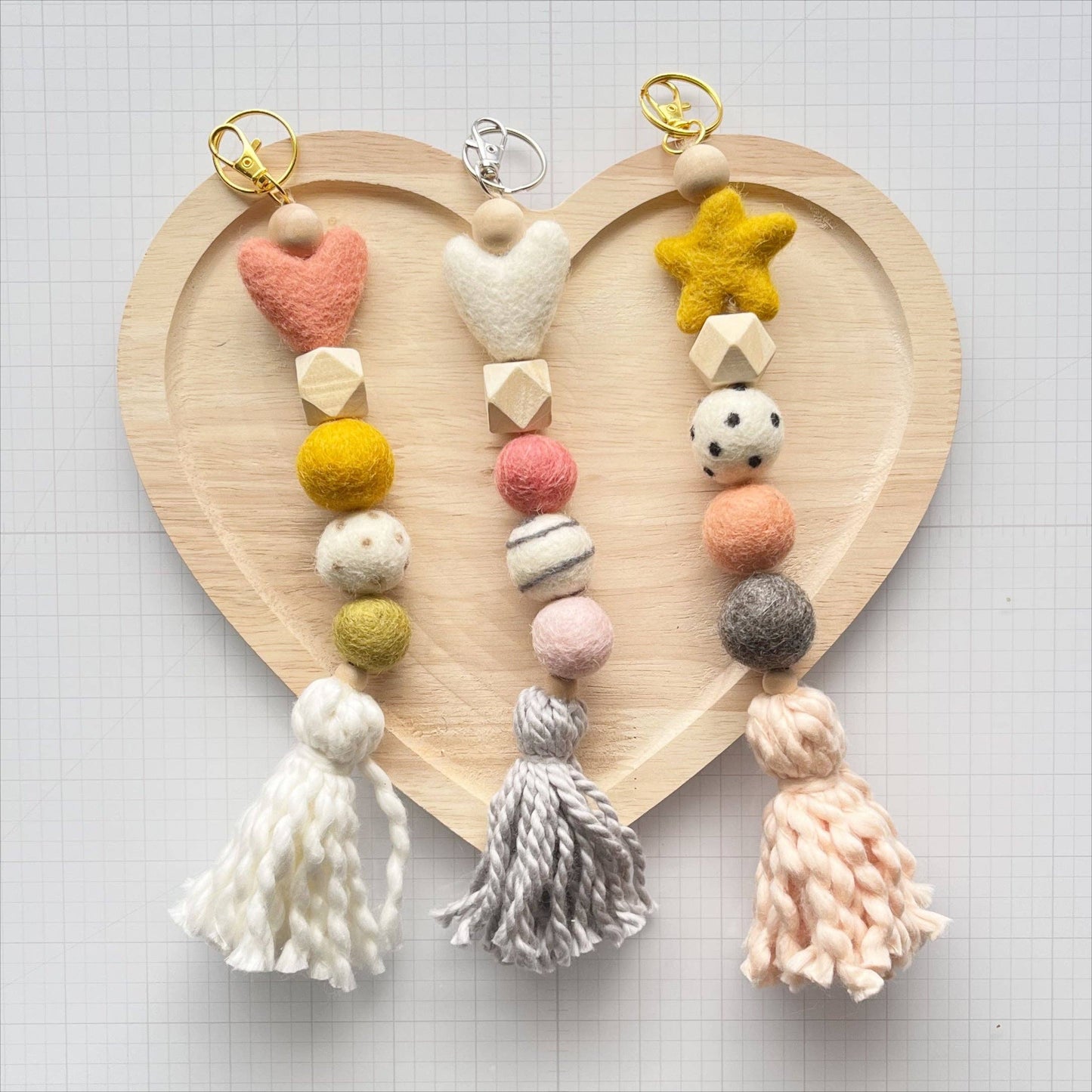 Felt Ball and Wood Bead Keychain Craft Kit With Pink Heart