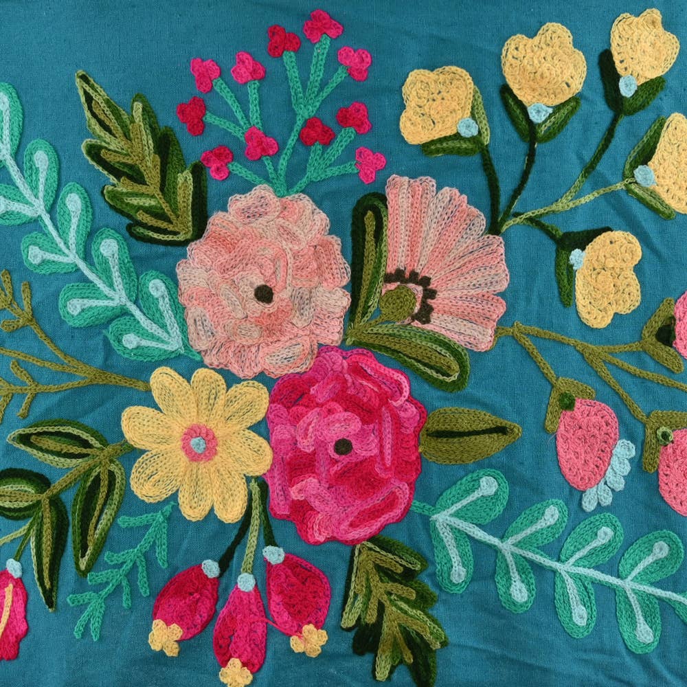 DEEP TEAL FLORAL Crewel LAMP SHADE 18"