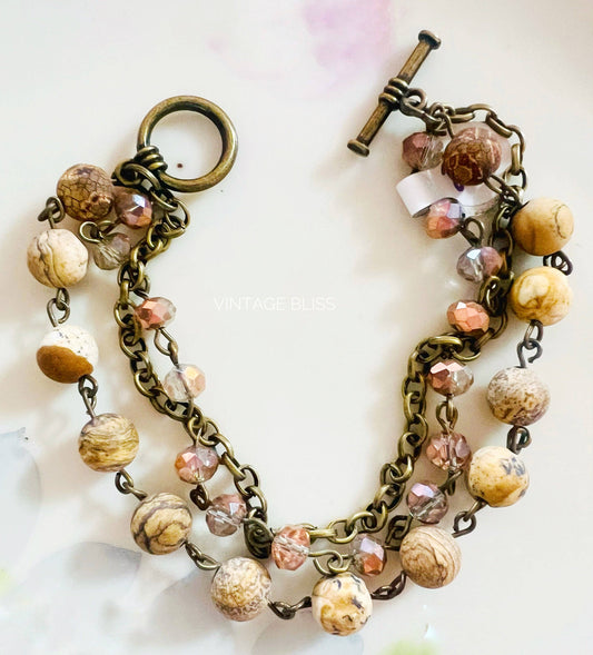 Champagne Pearls Pink Beaded Triple Strand Bracelet