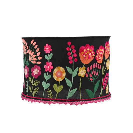 BLACK COTTON WITH FUCSIA Crewel LAMP SHADE 18"