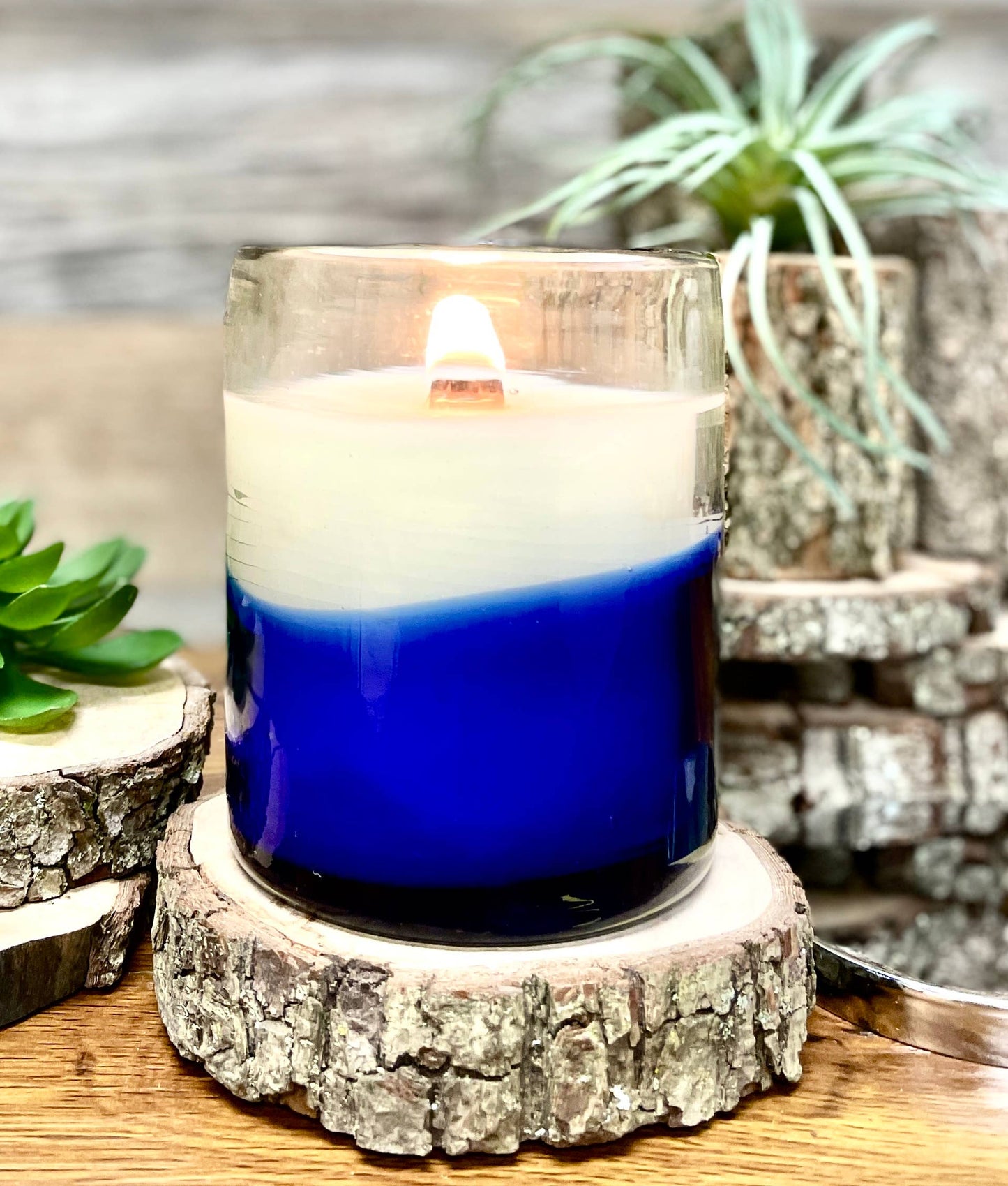 Fresh Linen | Hand Blown Cobalt Glass Candle Wood Wick