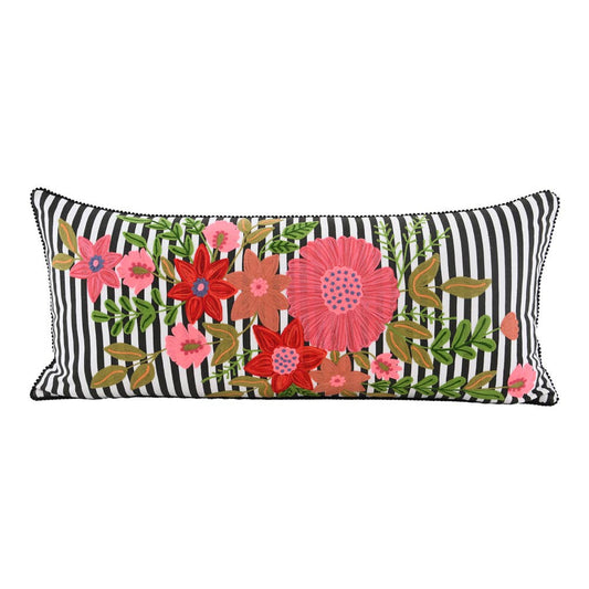 PILLOW Crewel Embroid B&W FLR 16x36