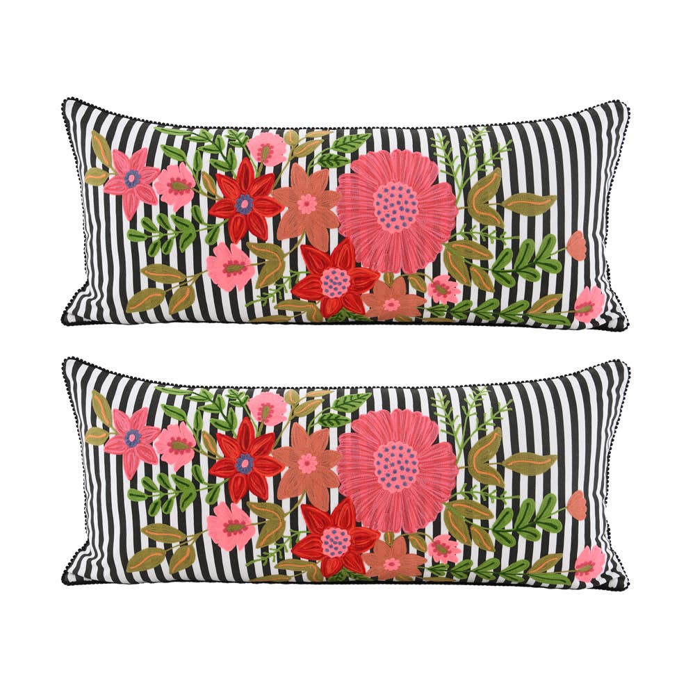 PILLOW Crewel Embroid B&W FLR 16x36