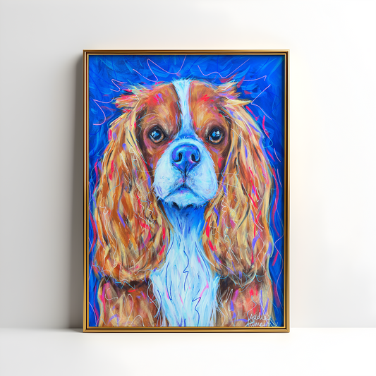 King Charles Cavalier Spaniel Dog Art Print, Pet Art, Maximalist Art, Dopamine Decor, Trendy Colorful Wall Poster: 8x10 print on paper
