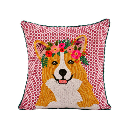 CORGIE EMBROIDERY PILLOW 18x18"