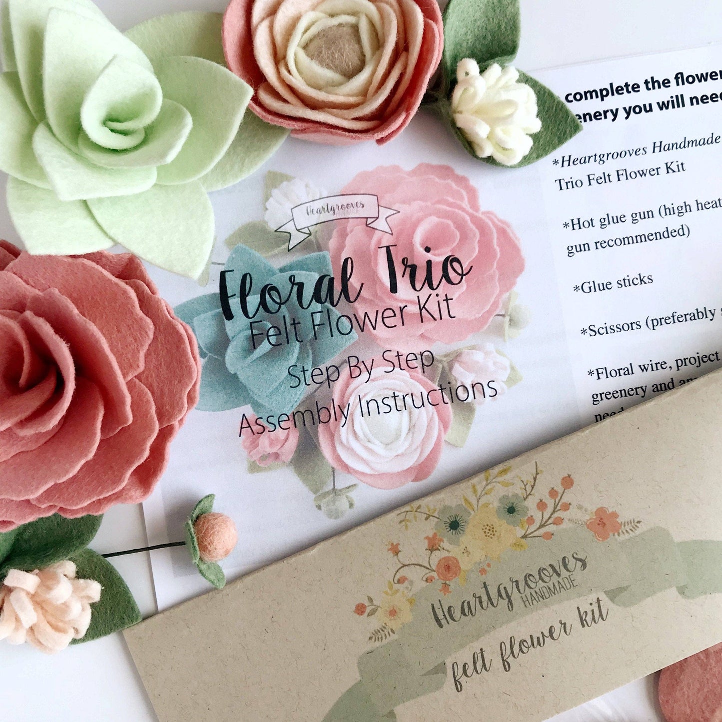 Felt Flower Floral Trio Craft Kit | Coral Sage