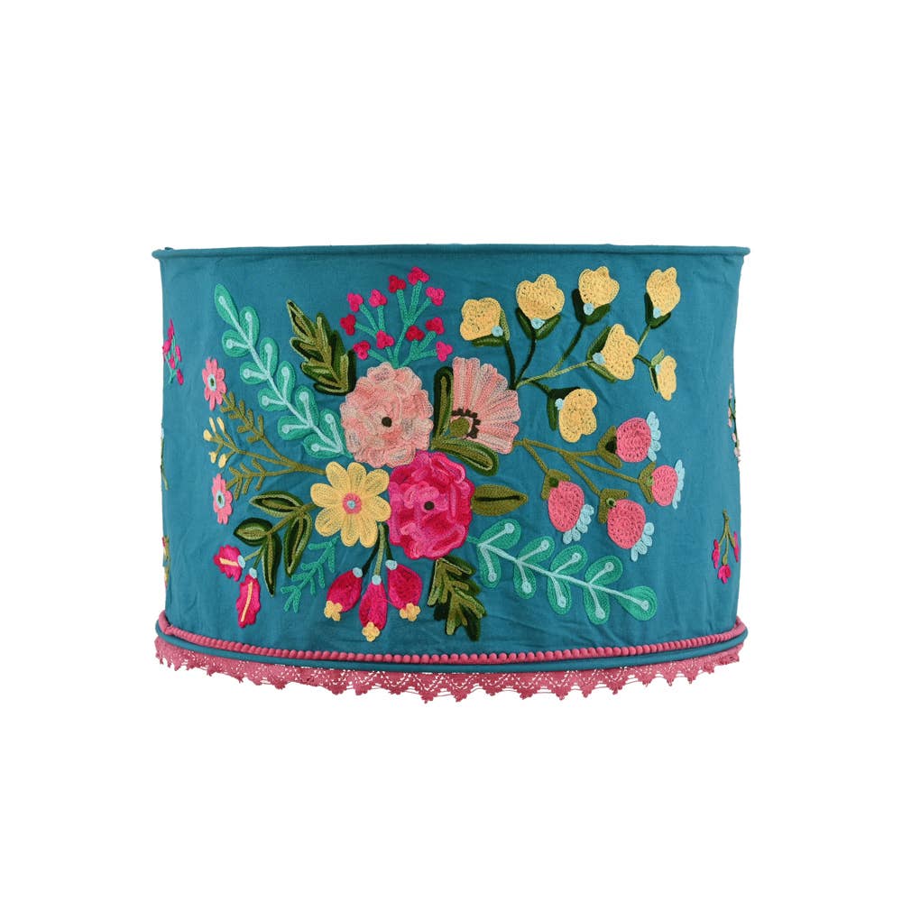 DEEP TEAL FLORAL Crewel LAMP SHADE 18"