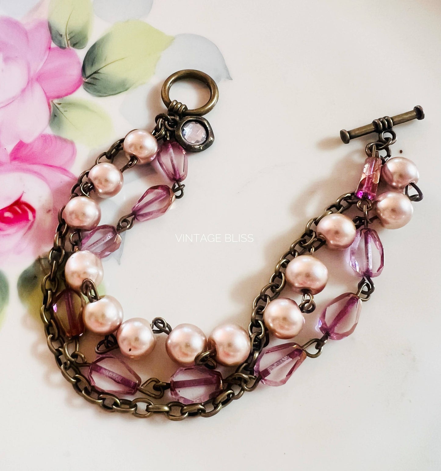 Champagne Pearls Pink Beaded Triple Strand Bracelet
