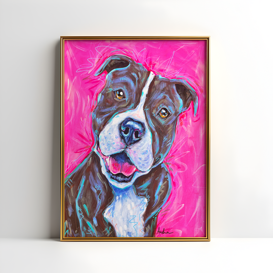 Pitbull Dog Art Print, Pet Art, Maximalist Art, Dopamine Decor, Trendy Colorful Wall Poster: 8x10 print on paper