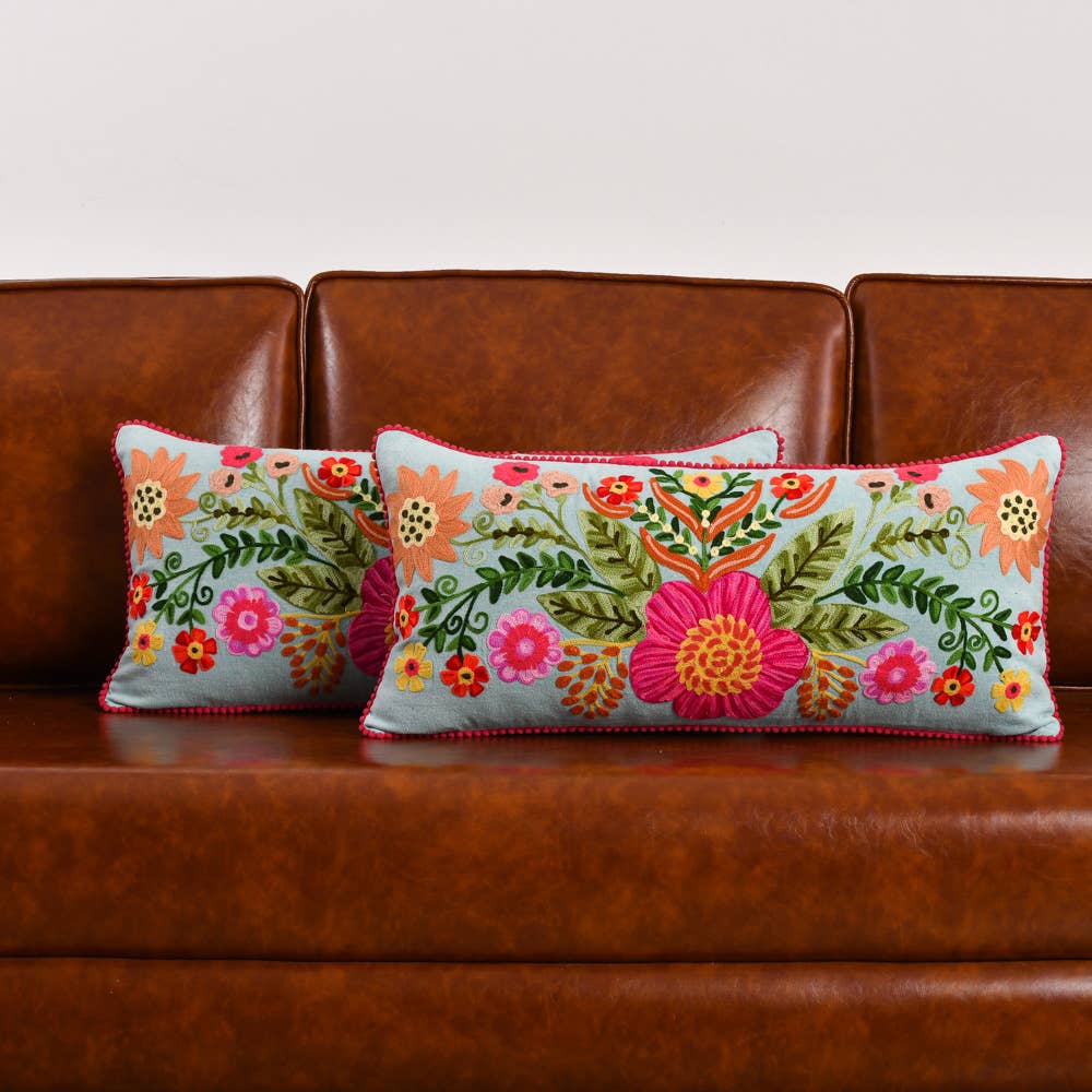 SPRING FLORAL SOFT BLUE CUSHION 12x24