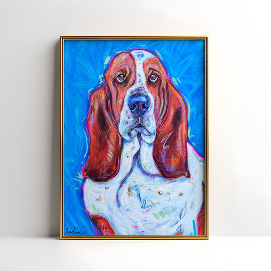 Basset Hound Dog Art Print, Pet Art, Maximalist Art, Dopamine Decor, Trendy Colorful Wall Poster: 8x10 print on paper