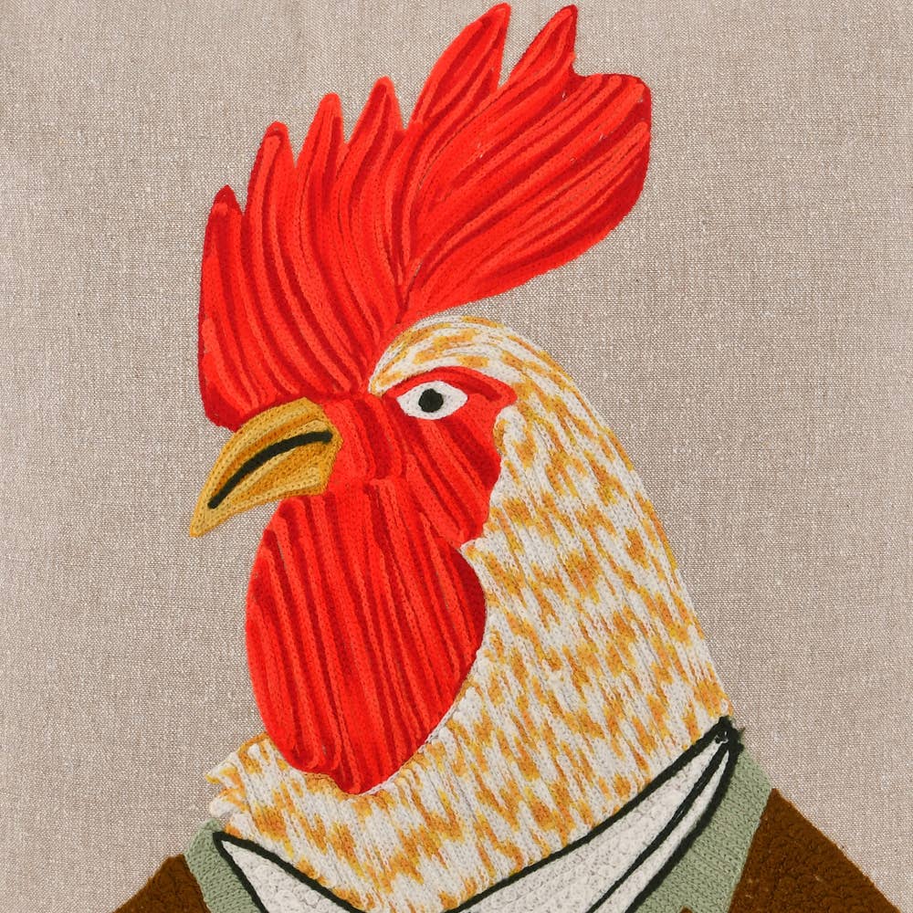 ROOSTER CHICKEN Hand Embroidered CORDUROY PILLOW 18x18"
