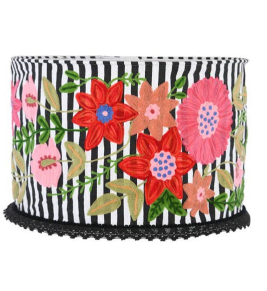 BLACK STRIPE FLORAL Crewel LAMP SHADE 18"