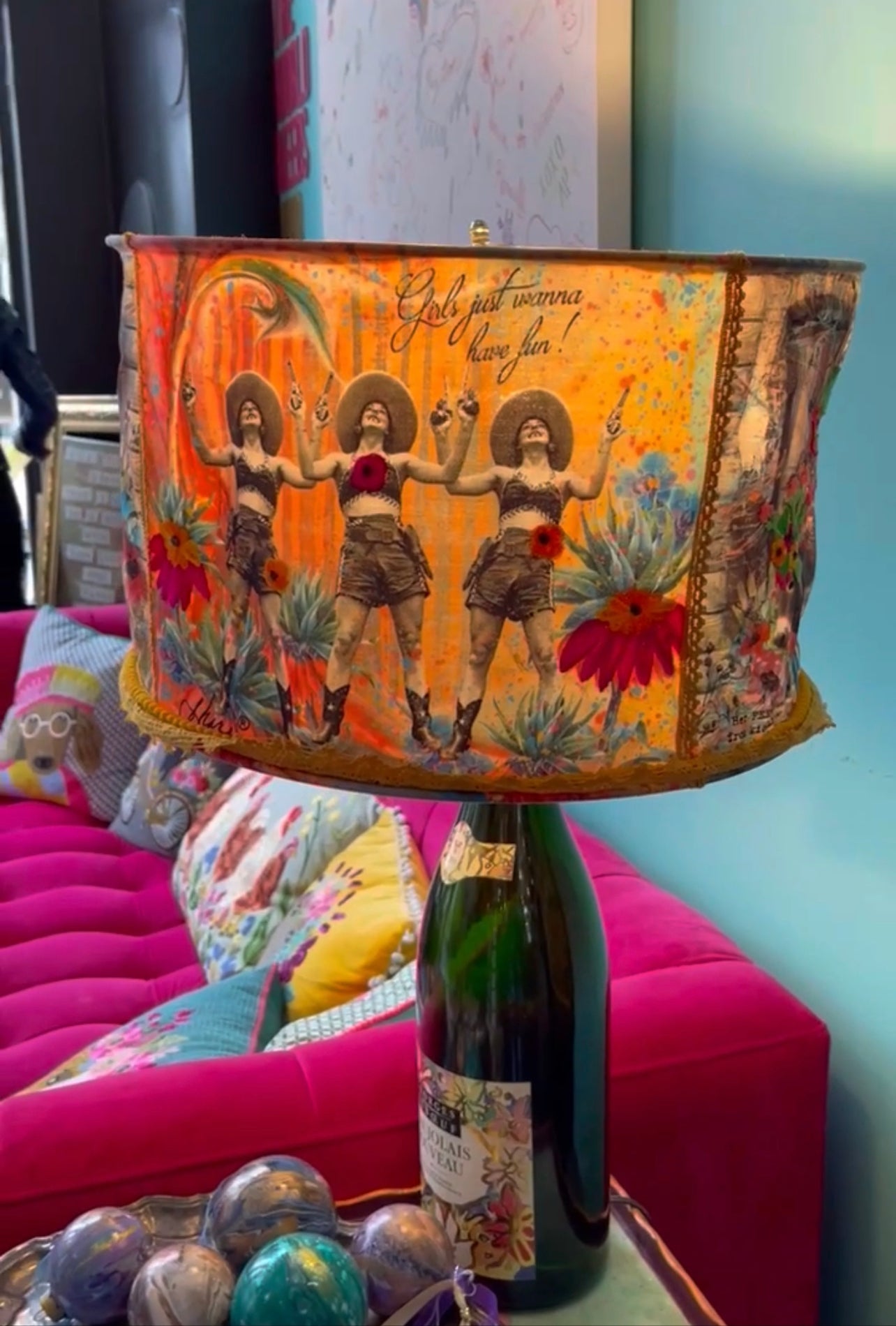 GIRLS HAVE FUN Crewel LAMP SHADE 18"