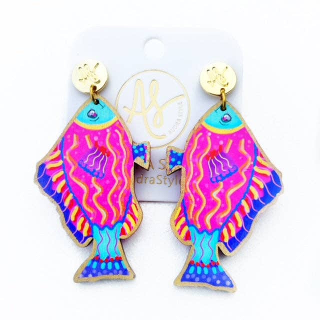 Colorful Nautical Statement Artwork Earring Pink Fish