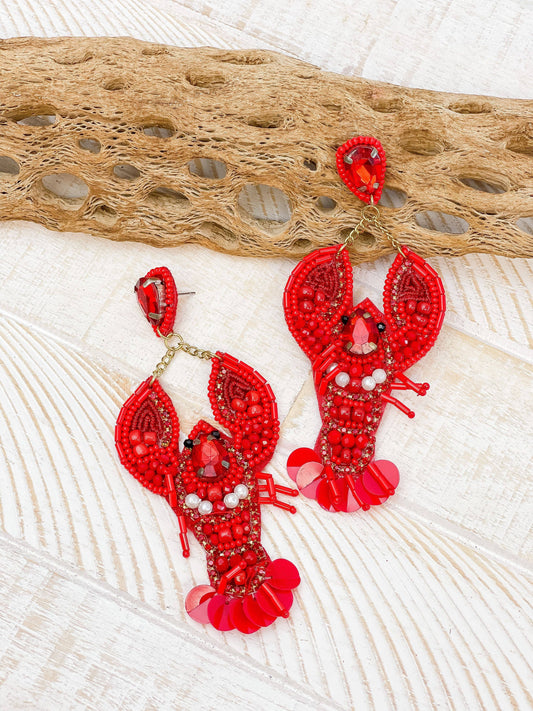 Sequin Lobster Statement Earrings - Red