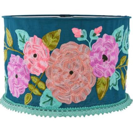 TEAL FLORAL Crewel LAMP SHADE 18"