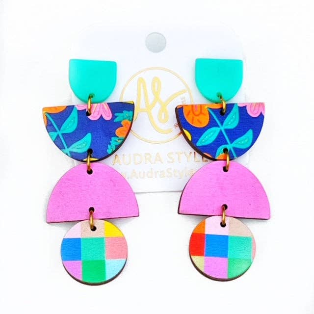 Colorful Geometric Statement Earrings - Rainbow Floral Navy