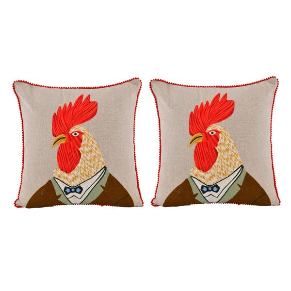 ROOSTER CHICKEN Hand Embroidered CORDUROY PILLOW 18x18"