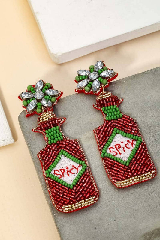 Beaded Red Spicy Hot Sauce Bottle Earrings