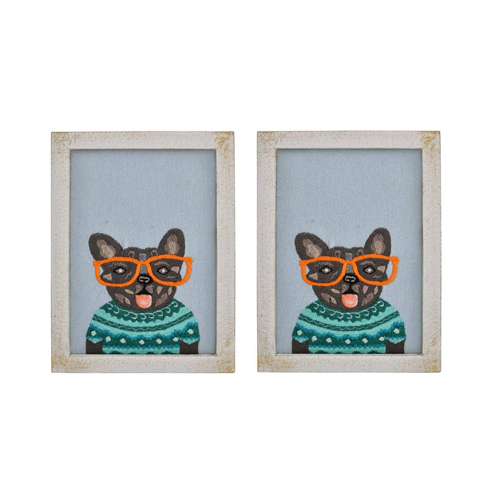 Hand Embroidered DOG Frenchie BLUE CANVAS WALL ART 6x8"