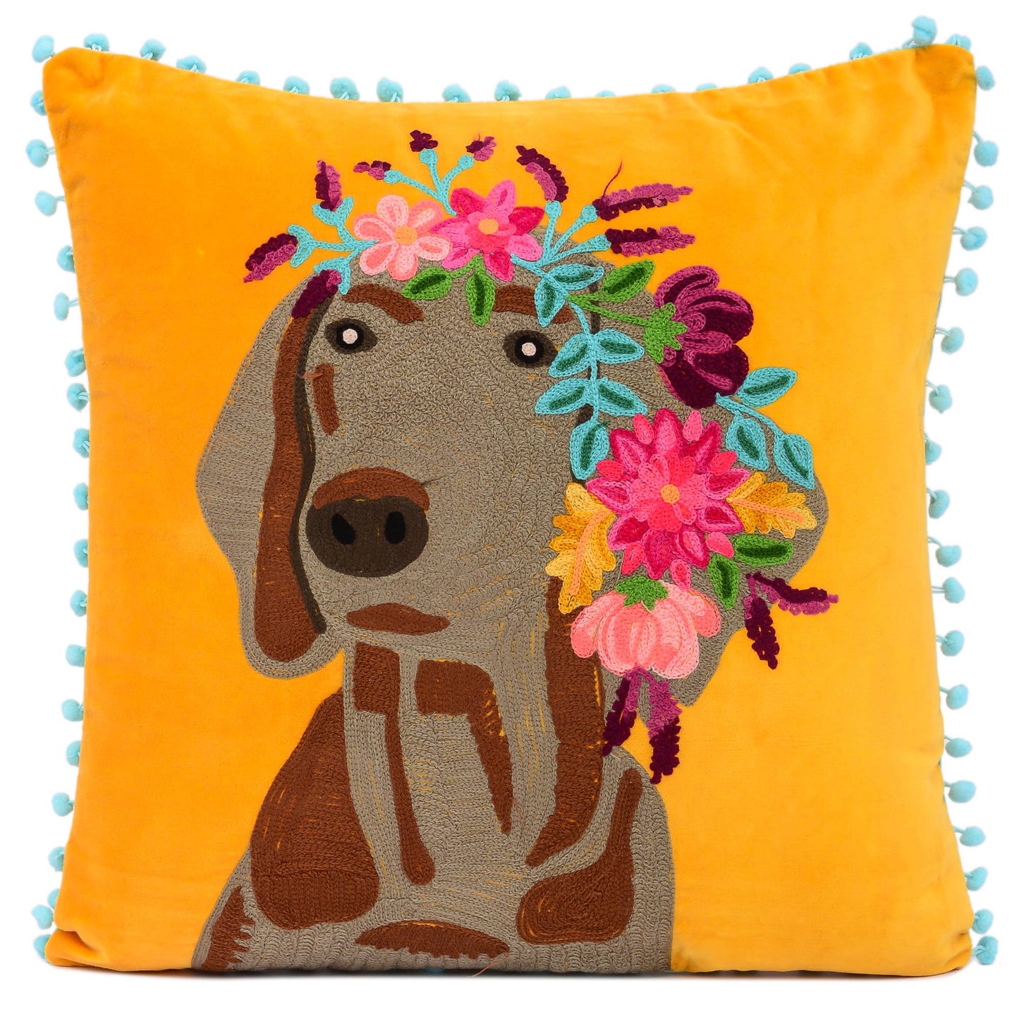 Hand Embroidered GOLDEN GLOW HUMBLE DOG PILLOW 18x18"