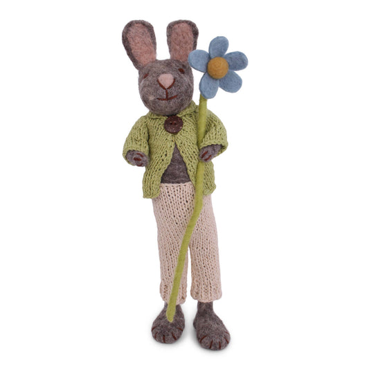 Felt Large Grey Bunny w/Jacket, Pants & Blue Anemone