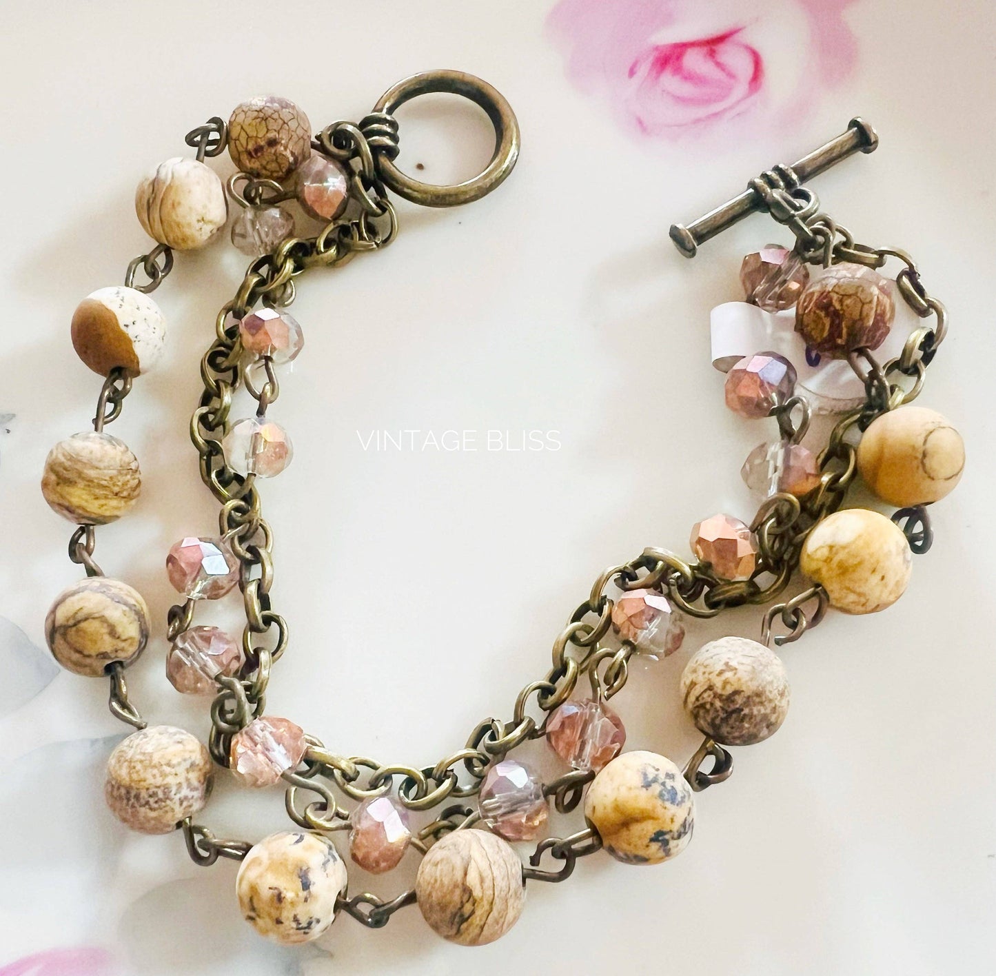 Champagne Pearls Pink Beaded Triple Strand Bracelet