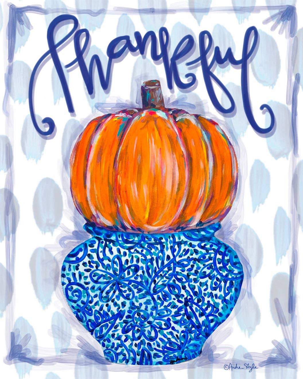 Fall Thanksgiving Canvas - "Thankful" Pumpkin in Ginger Jar: 8x10