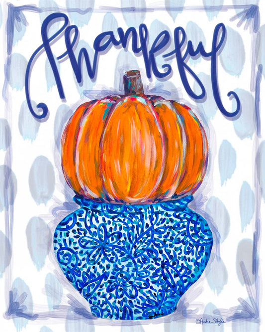 Fall Thanksgiving Canvas - "Thankful" Pumpkin in Ginger Jar: 8x10