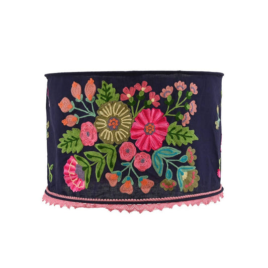 NAVY COTTON W SOFT PINK Crewel LAMP SHADE 18"