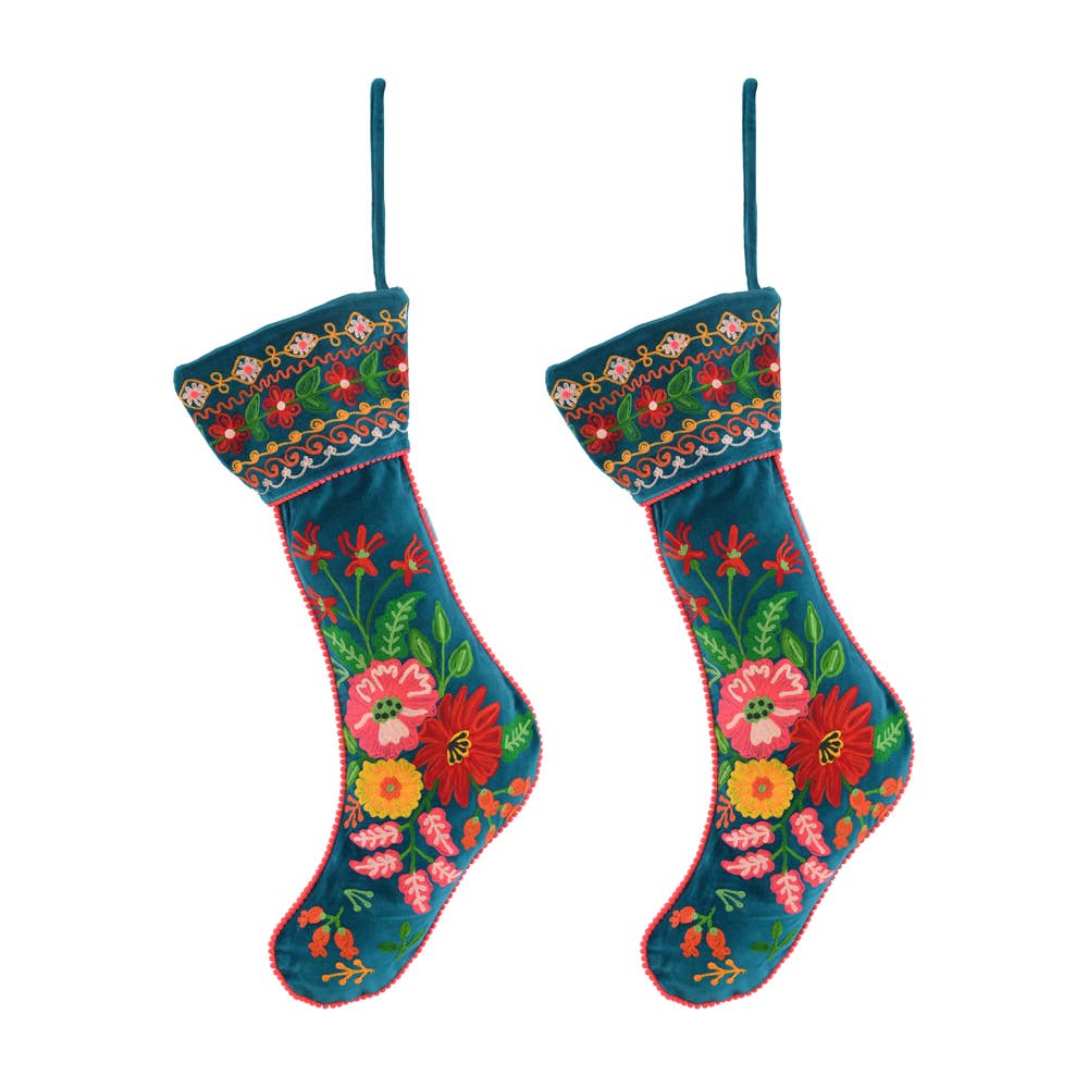 NEW BLUE EMBROIDERED STOCKING 8x24"