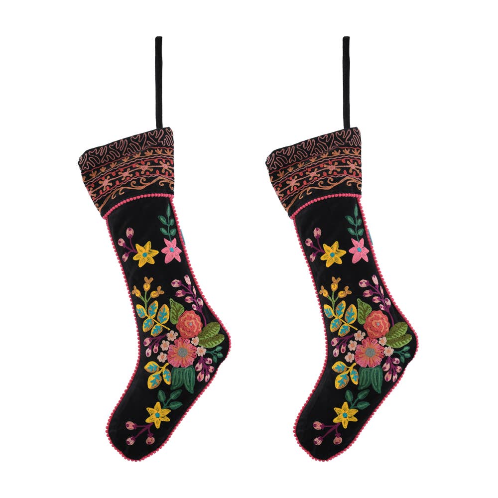 NEW BLACK EMBROIDERED STOCKING  8x24"