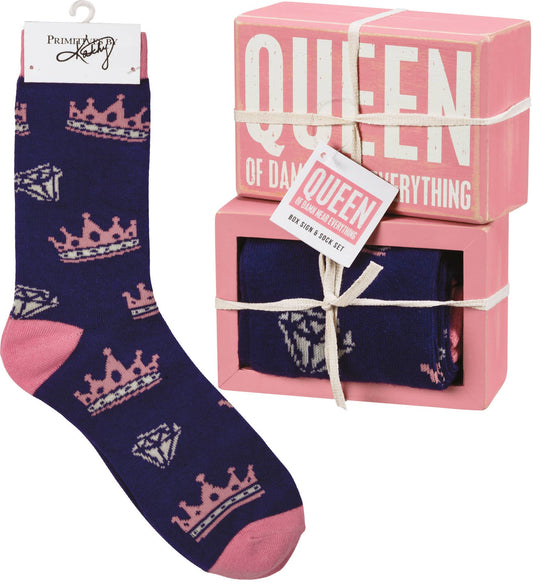 Queen Of Near Everything Box Sign And Sock Set