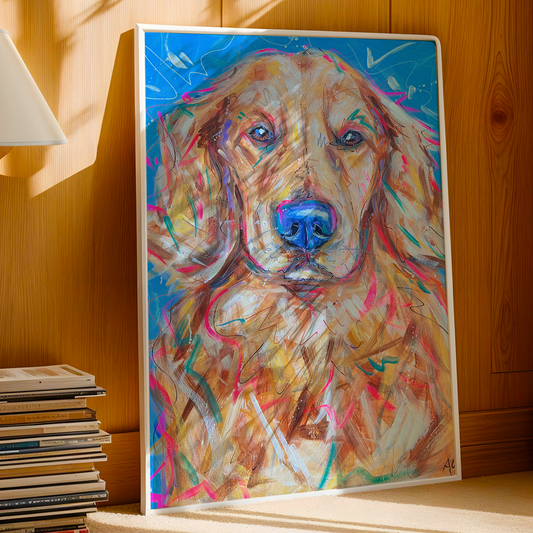Golden Retriever Dog Art Print, Pet Art, Maximalist Art, Dopamine Decor, Trendy Colorful Wall Poster: 8x10 print on paper