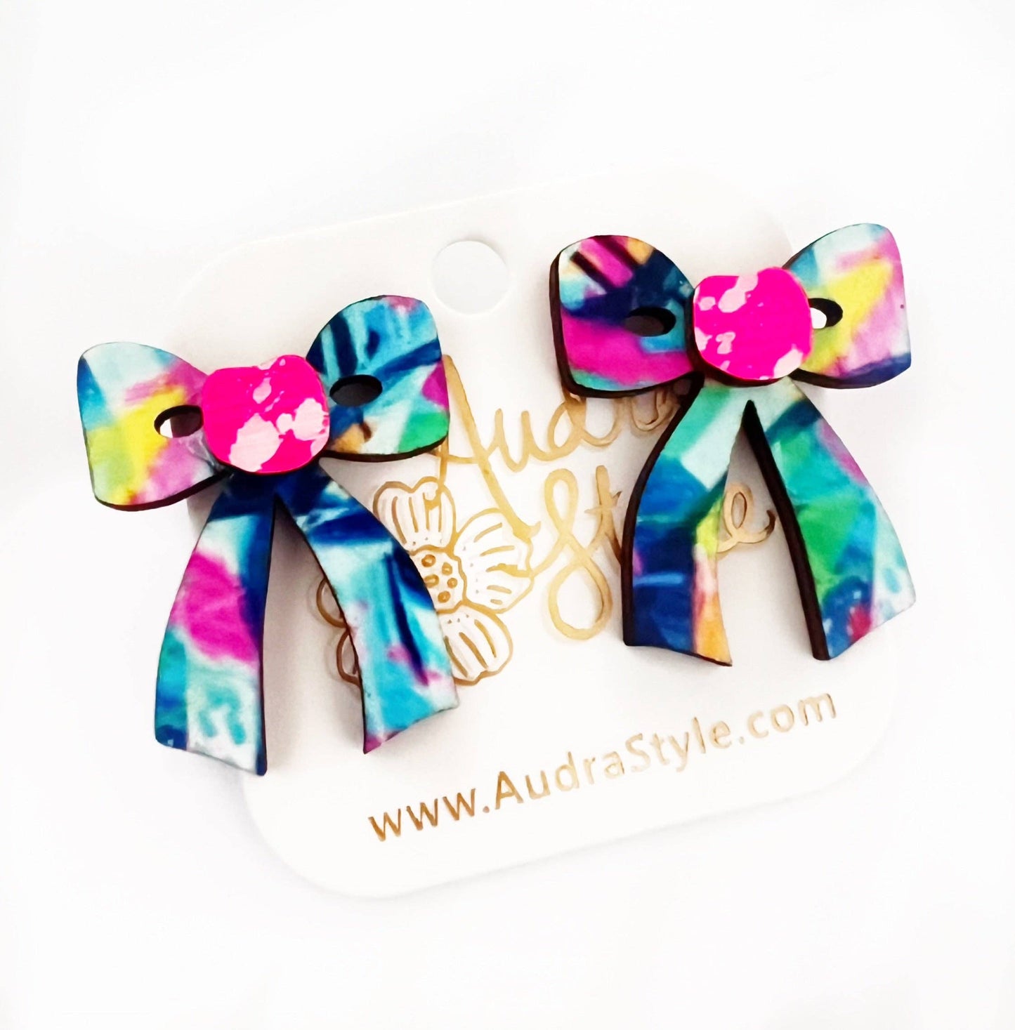Colorful Bow Stud Blue Pink Astract  Summer Statement Earring