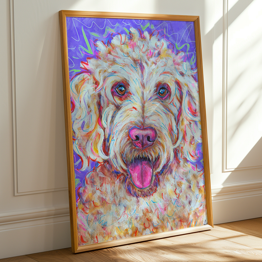 Goldendoodle Dog Art Print, Pet Art, Maximalist Art, Dopamine Decor, Trendy Colorful Wall Poster: 8x10 print on paper
