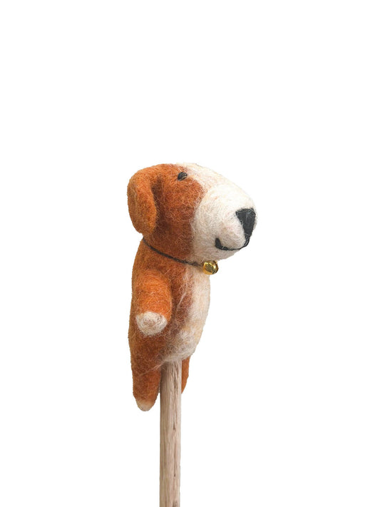 Orange Dog with Bell Wool Felt Finger Puppet