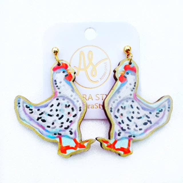 White Chicken Dangle Earring Farm Animal Pop Art