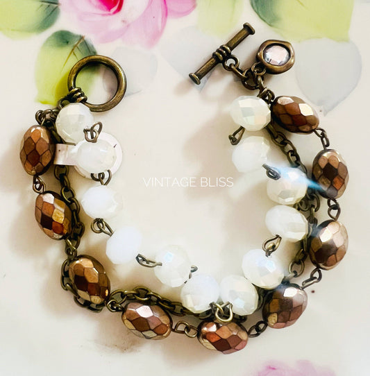 Neutral Brown Tones Beaded Triple Strand Bracelet