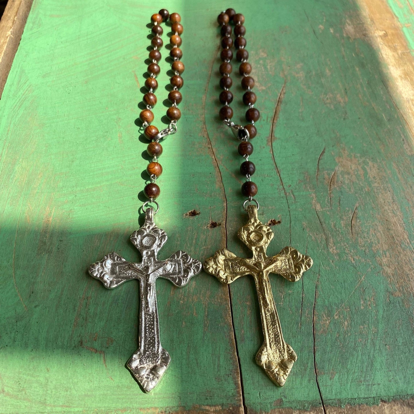 Brass Crucifix Wood Bead Car Blessing: Gold