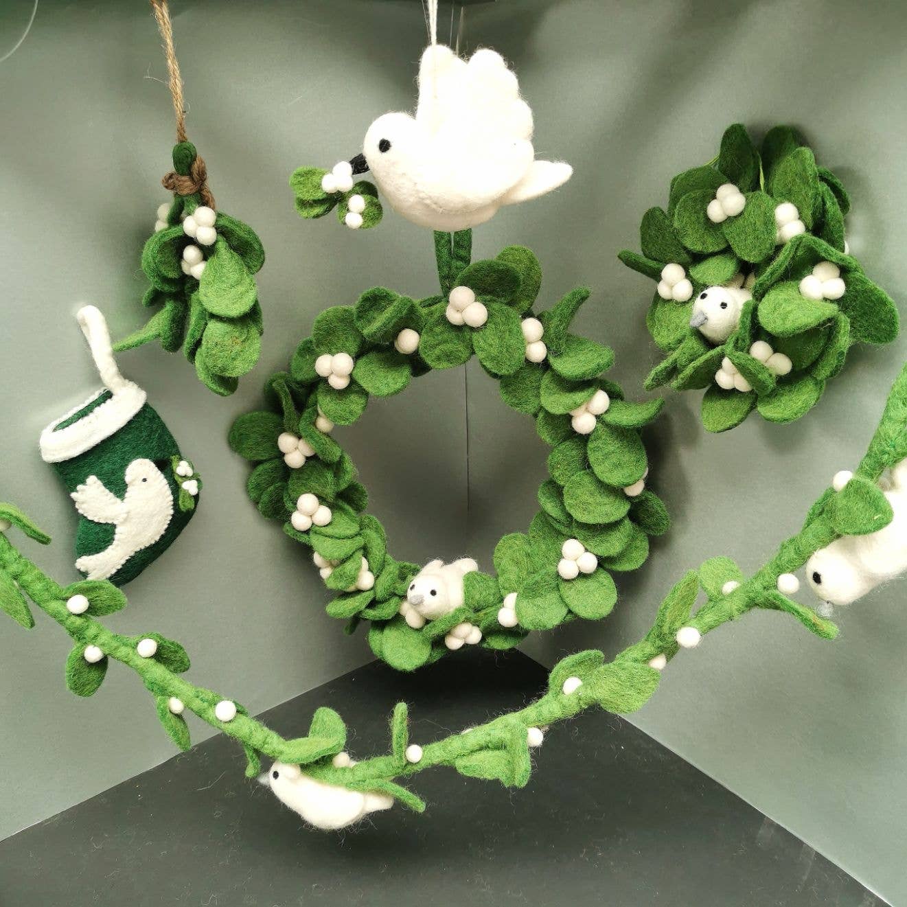 Handmade Felt Fair tade Mistletoe Mini Wreath with Doves