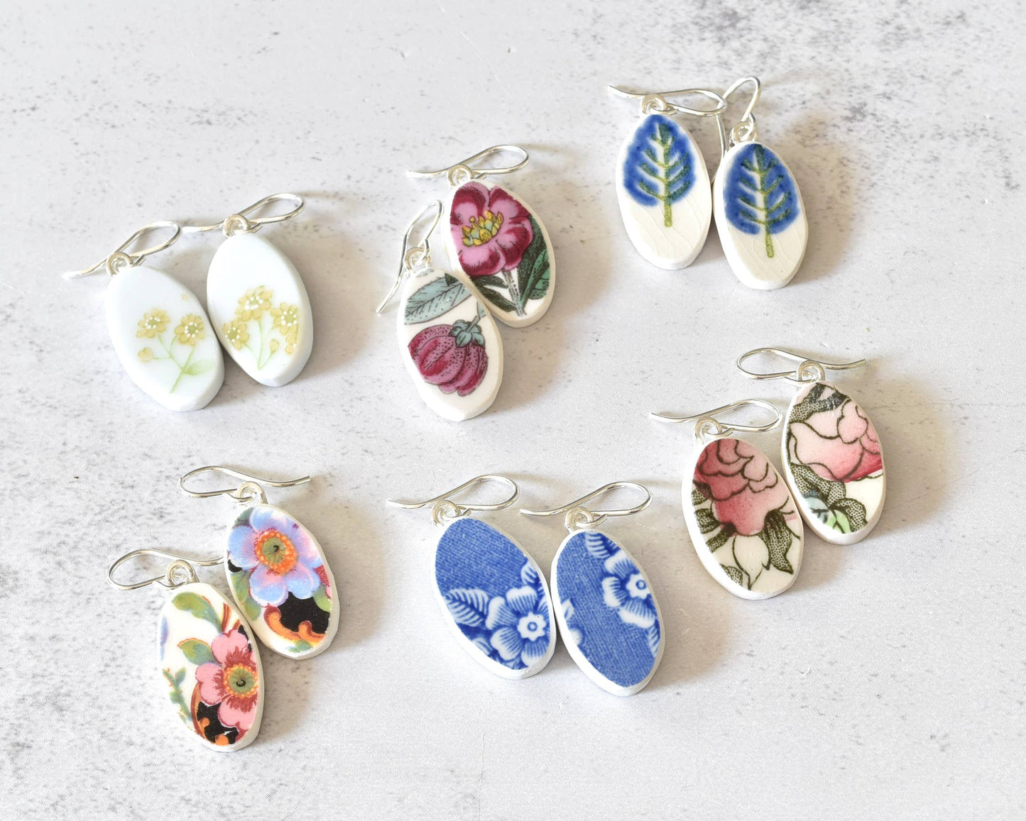 Broken Plate Dangle Earring - Oval Shape: Mixed Patterns / Rose Gold Porcelain Paint