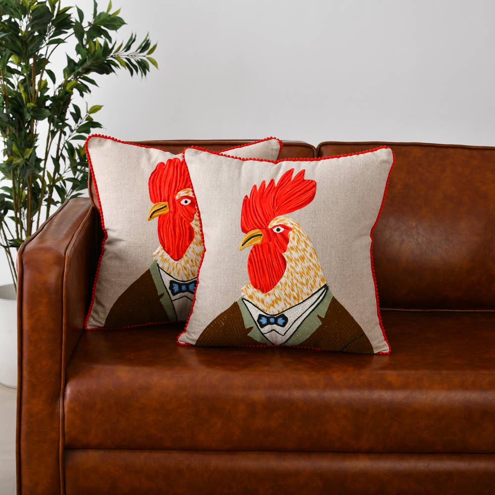 ROOSTER CHICKEN Hand Embroidered CORDUROY PILLOW  18x18"